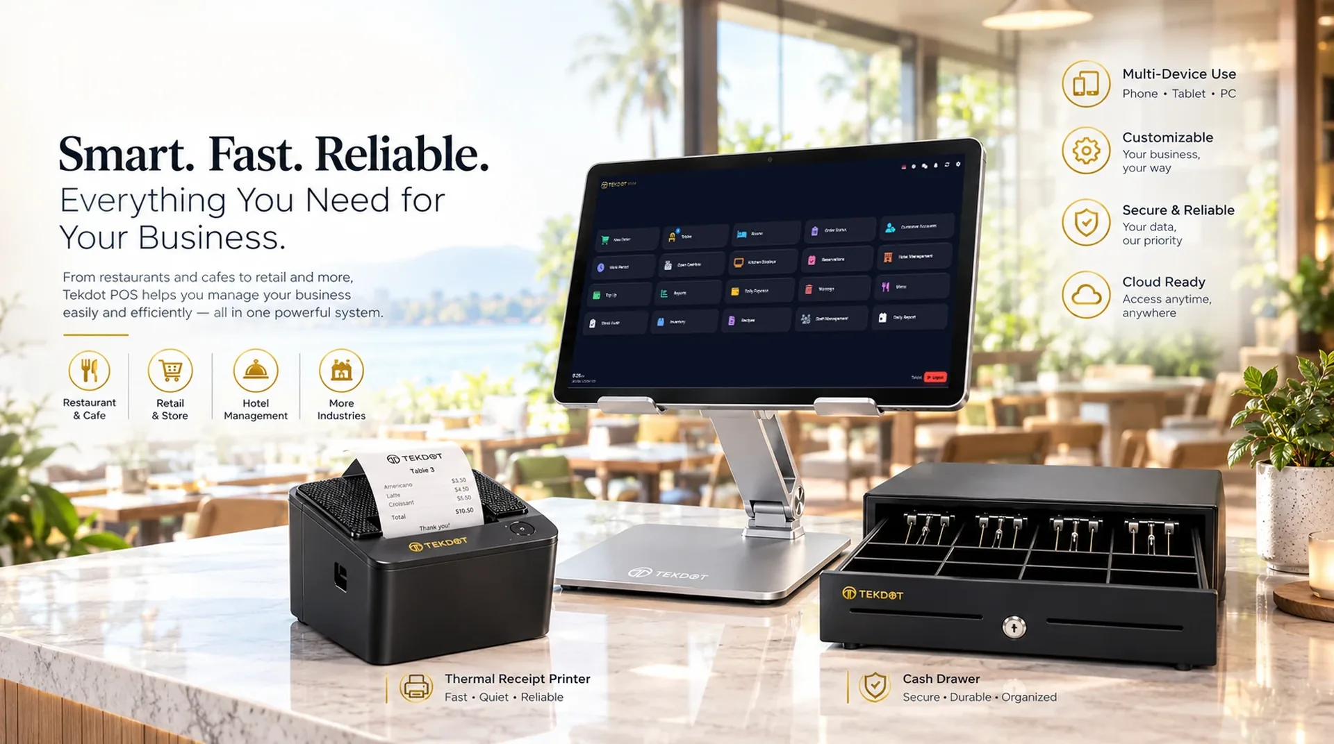 TekDot POS tablet with receipt printer and cash drawer on a restaurant counter