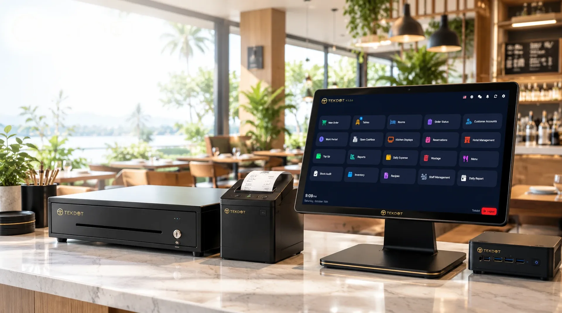TekDot POS home screen with cash drawer, receipt printer and local server
