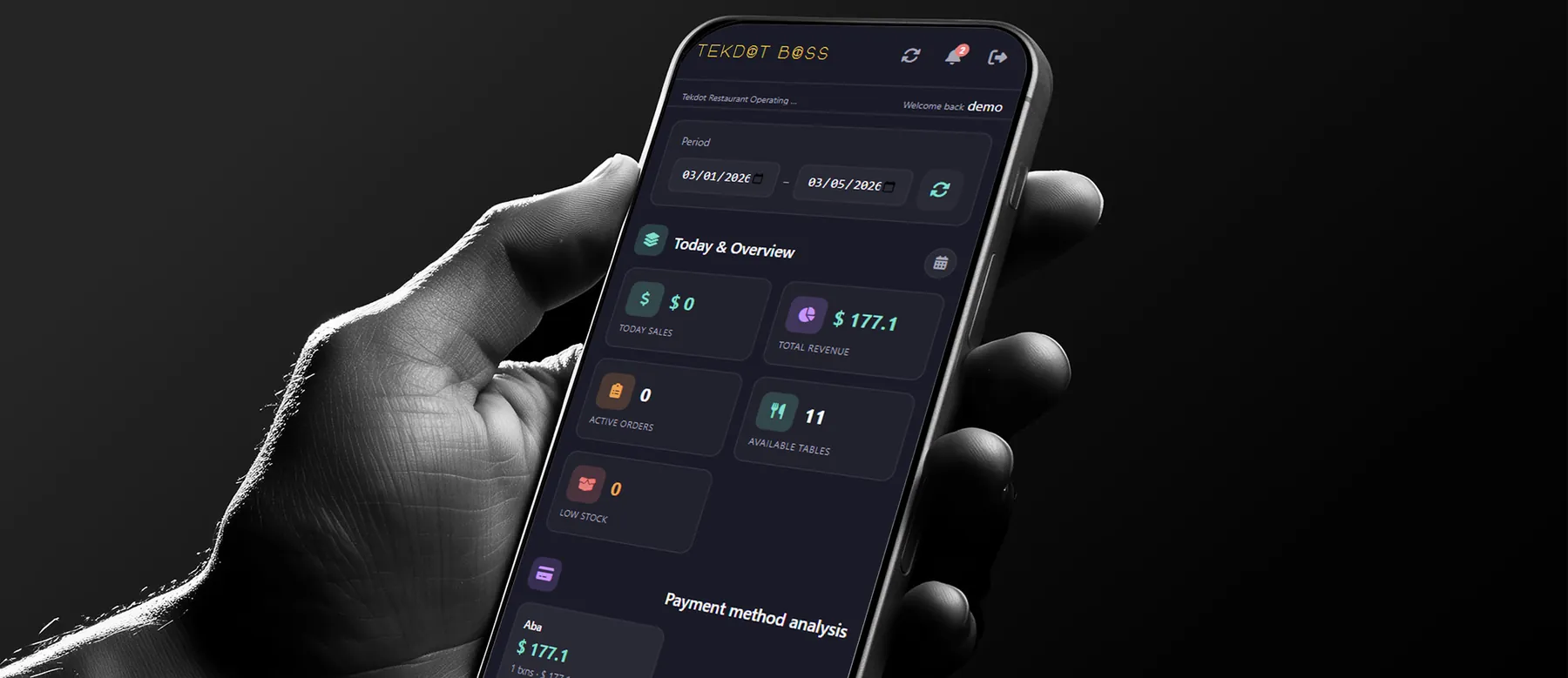 Boss Dot owner app on a phone showing today's sales