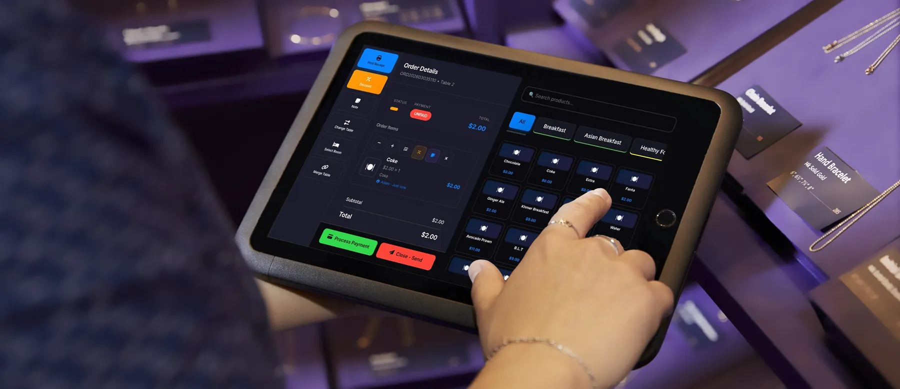 TekDot POS taking a table order on a tablet, with the POS home screen