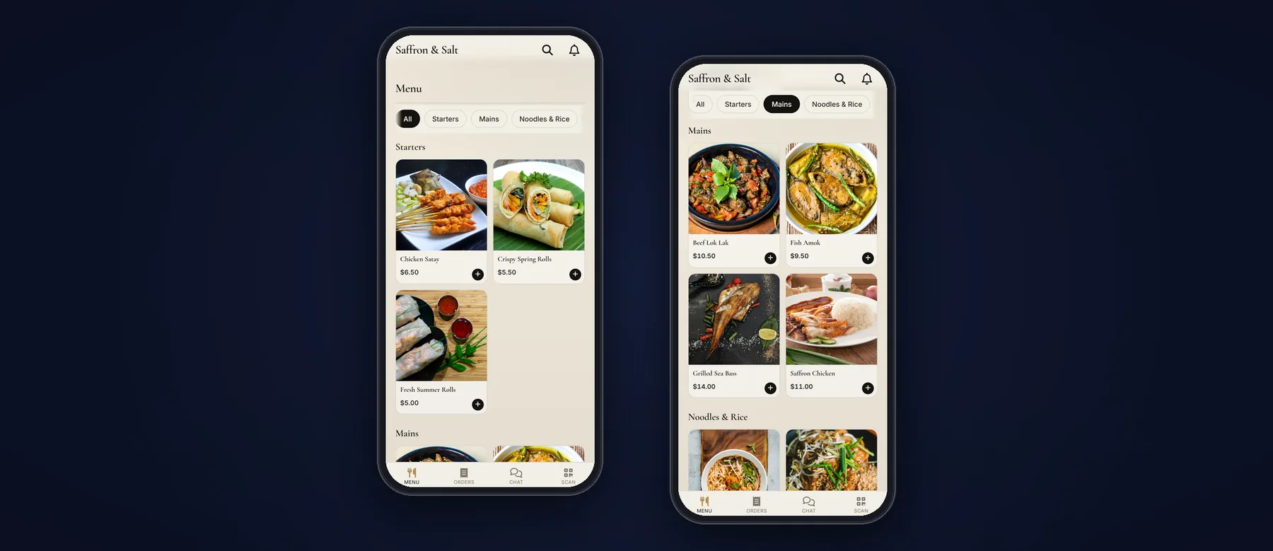 TekDot QR Menu on two phones: photo menu with categories and add buttons