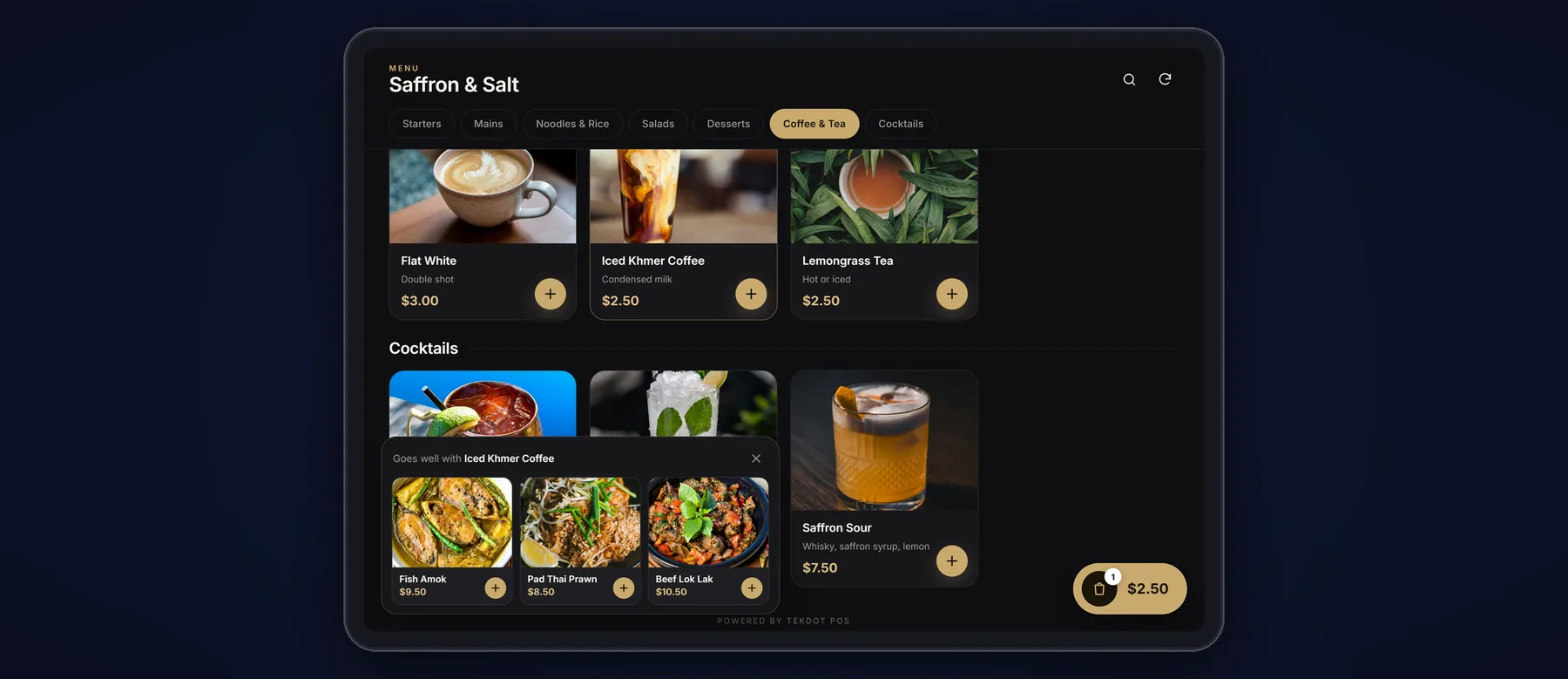 TekDot Menu on a tablet suggesting dishes that go well with the drink a guest just added