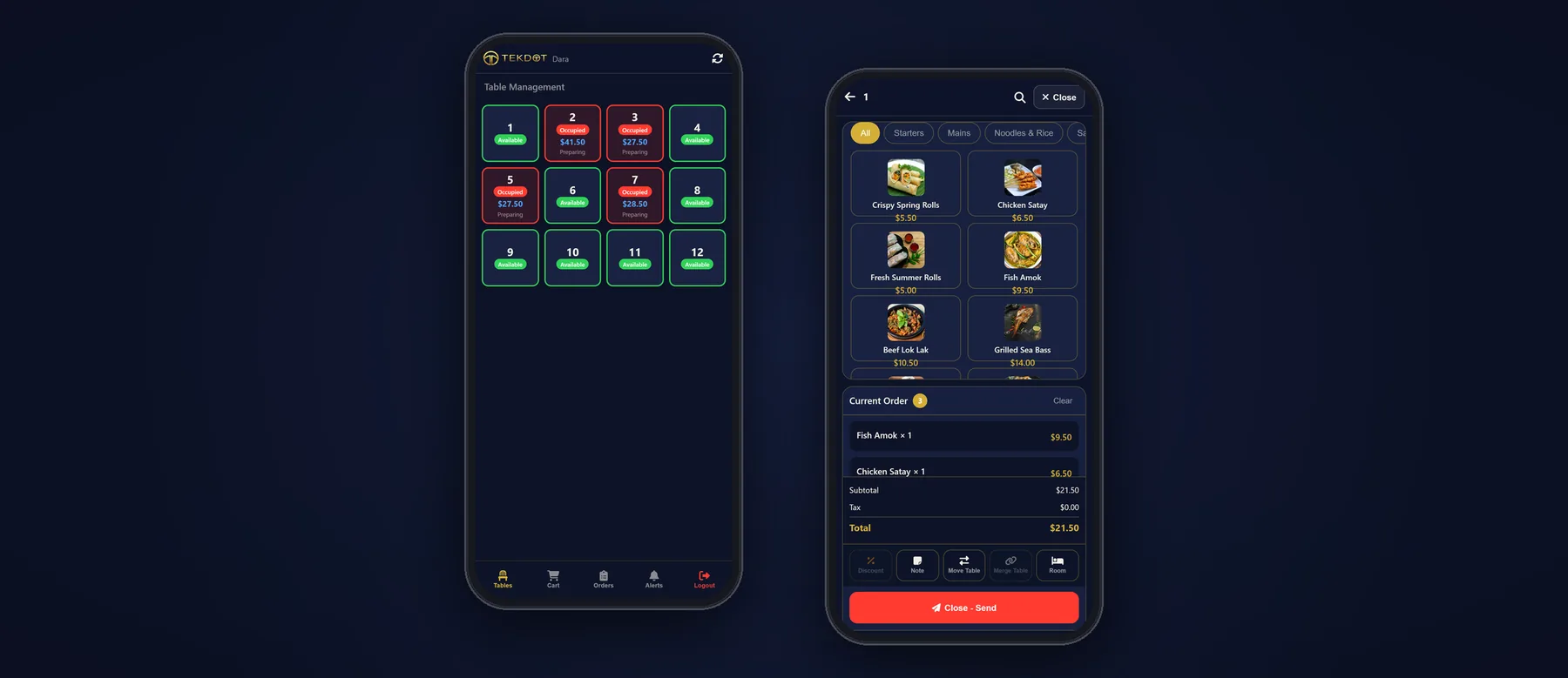 TekDot GO waiter app on two phones: live table status and taking a table order