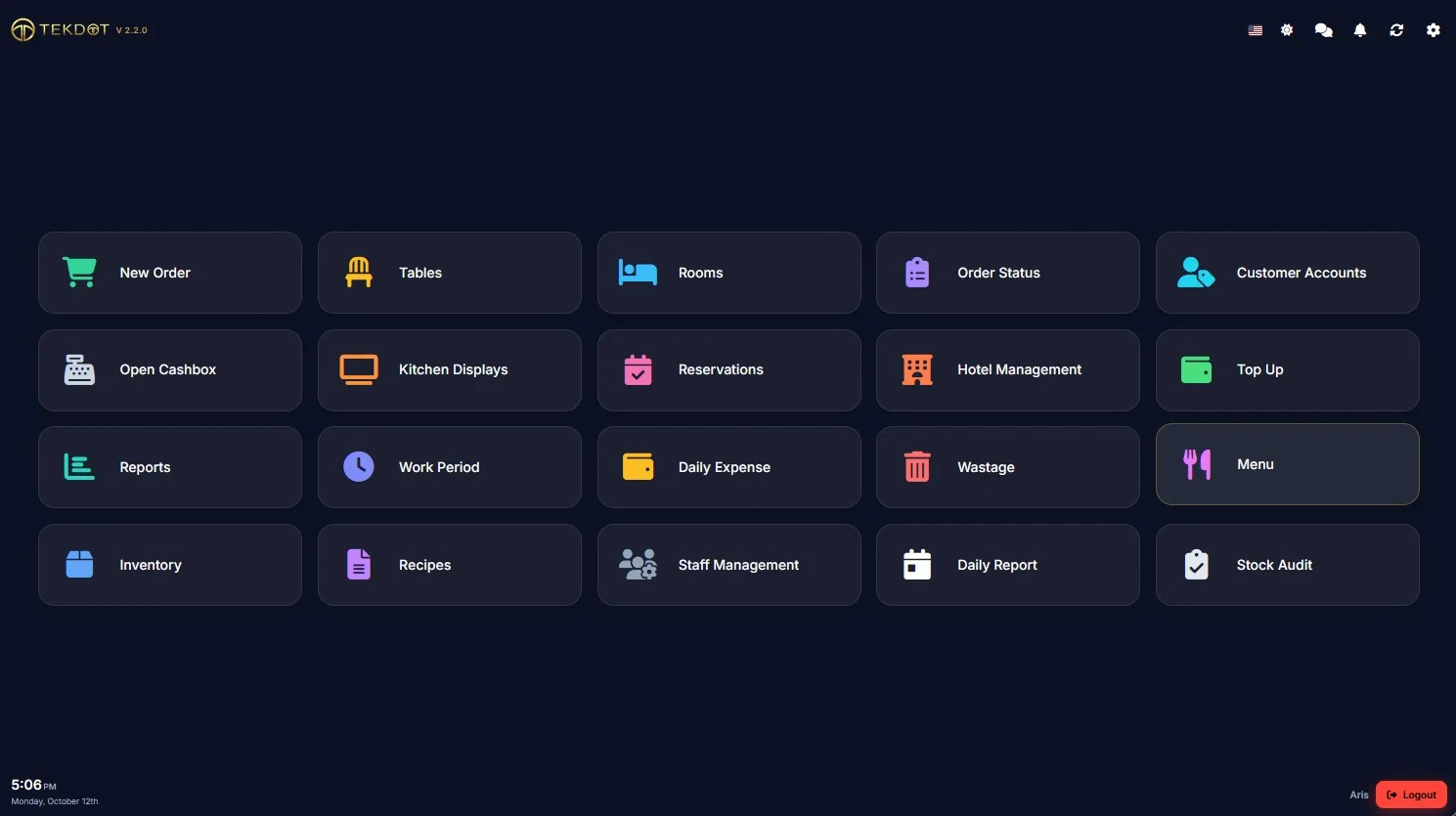 TekDot POS home screen with the Menu button highlighted