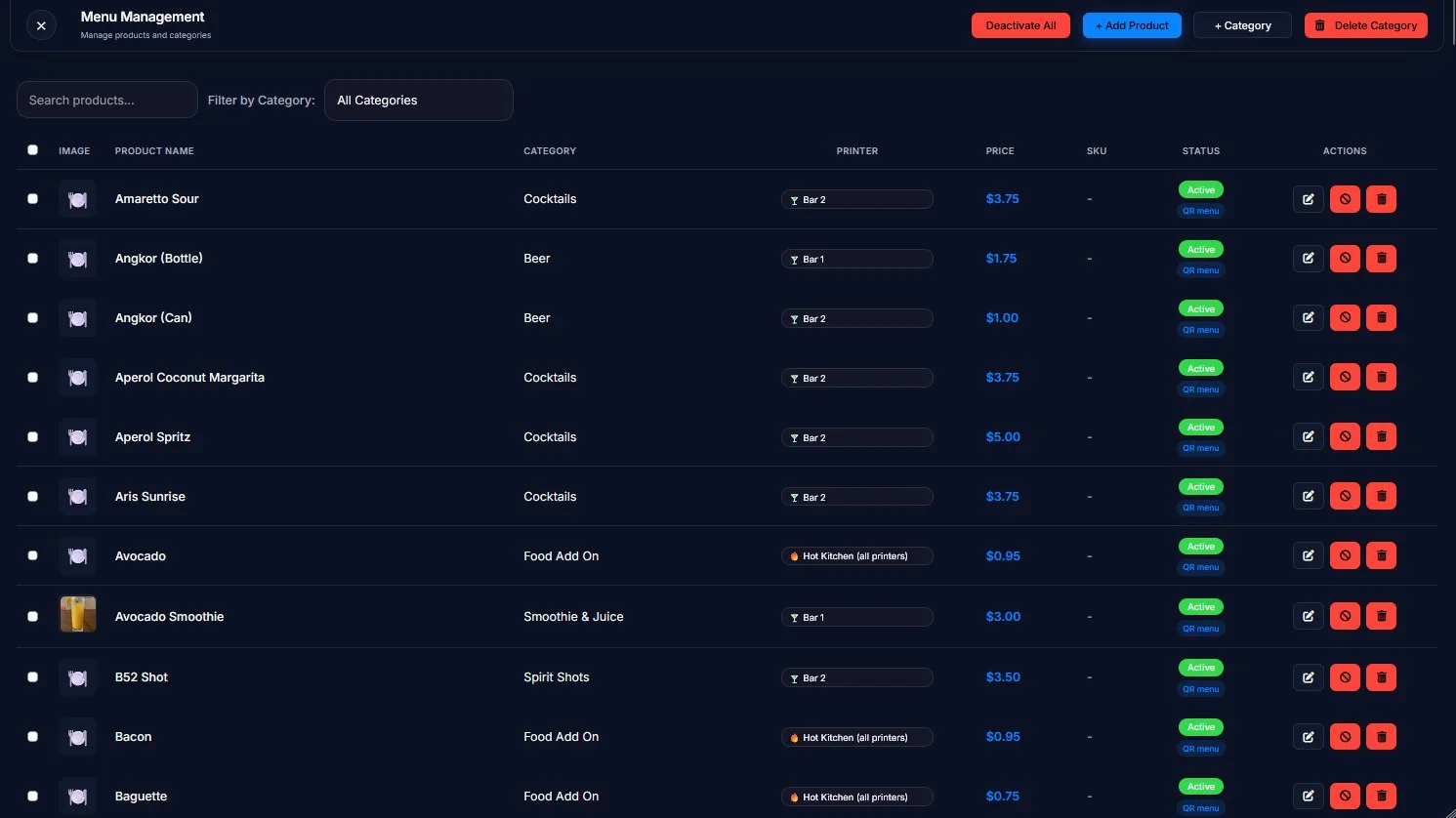 Menu Management screen listing products, with buttons Deactivate All, Add Product, Category and Delete Category at the top