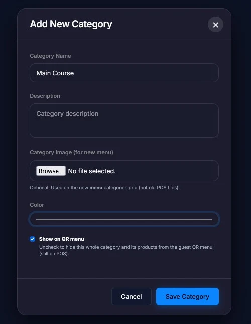 Add New Category box with the name Main Course, description, image, color and a Show on QR menu tick box