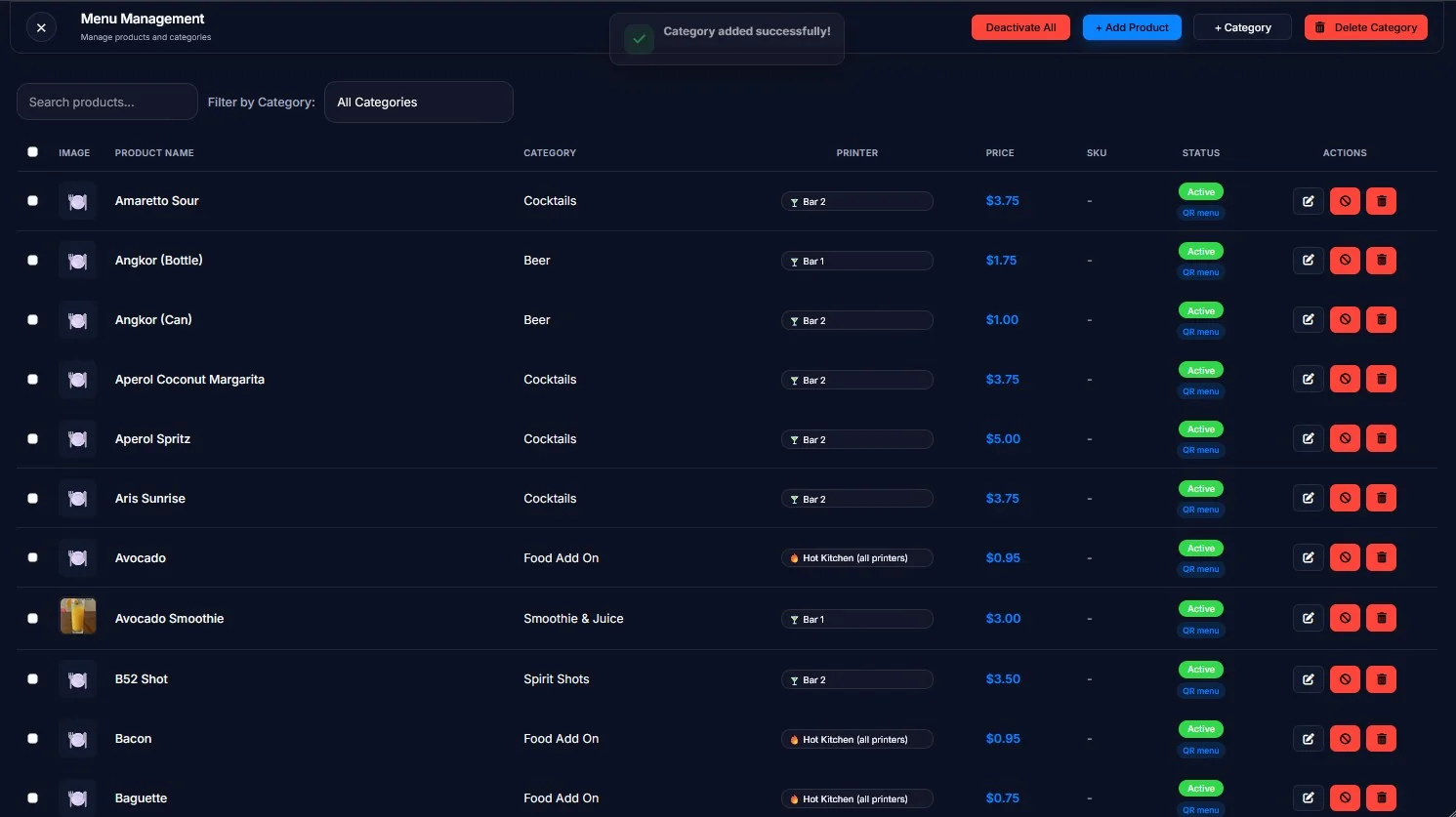 Menu Management with the message Category added successfully
