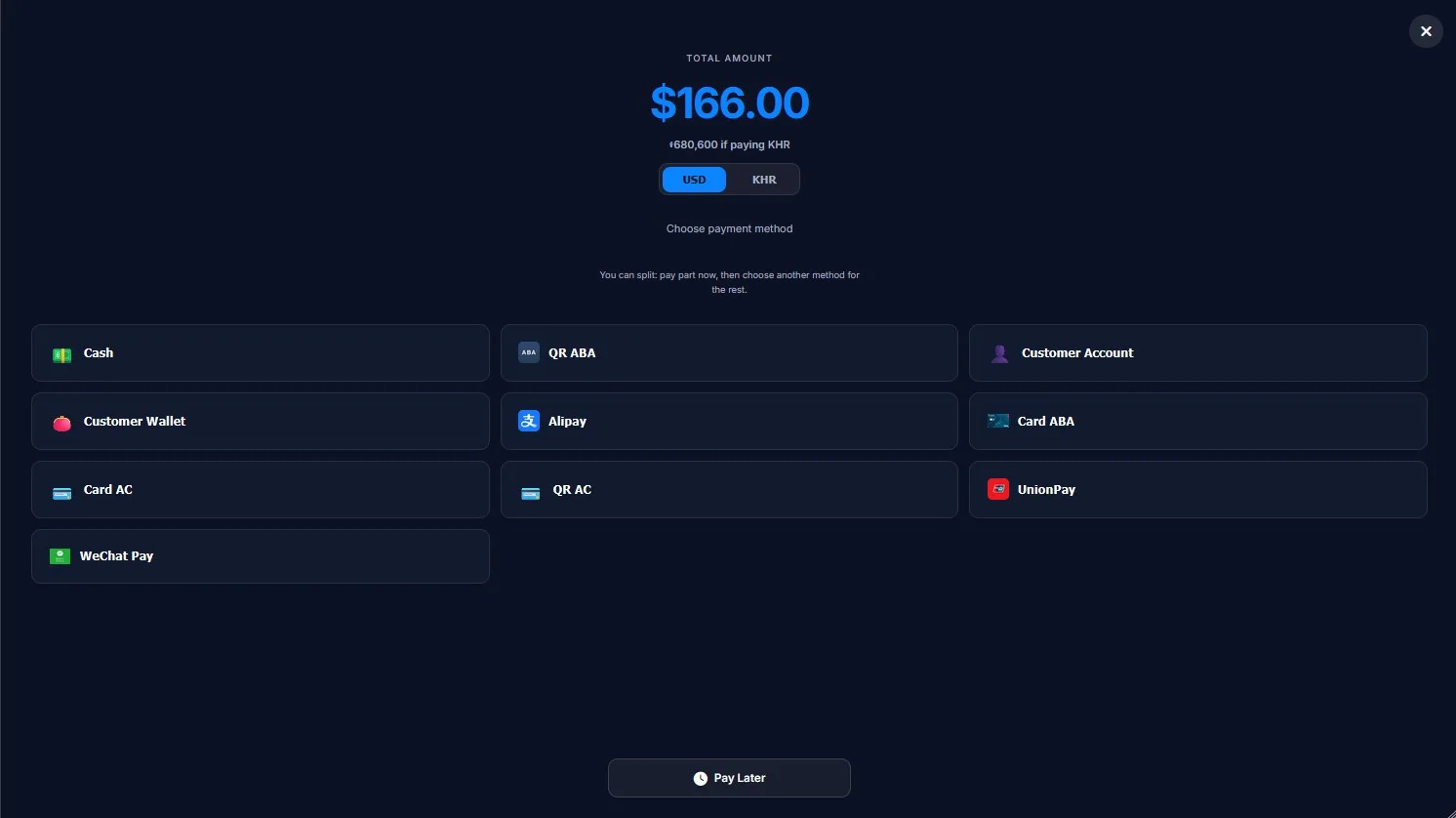 Payment screen showing the total amount, a USD and KHR switch and a list of payment methods