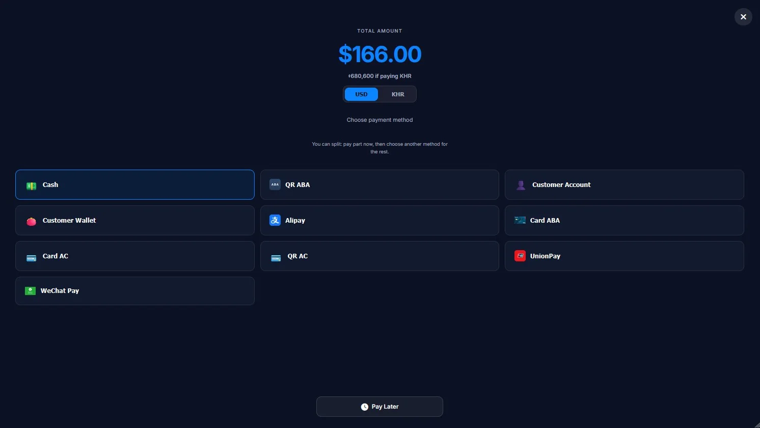 Payment screen with the Cash button selected