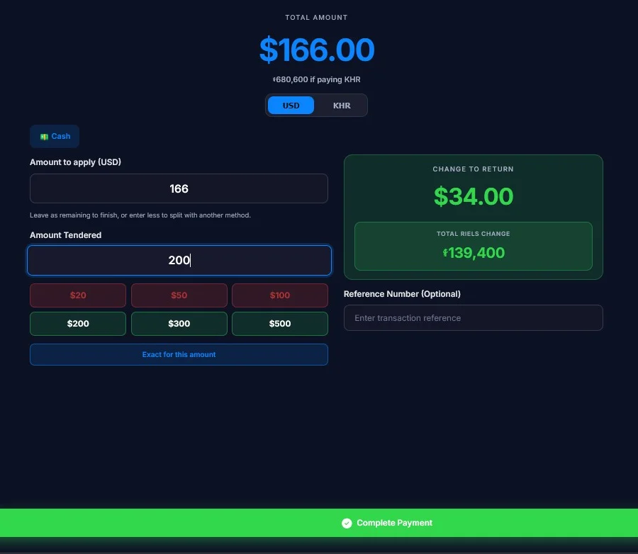 Cash screen with amount to apply 166, amount tendered 200, change to return 34 dollars and a Complete Payment button