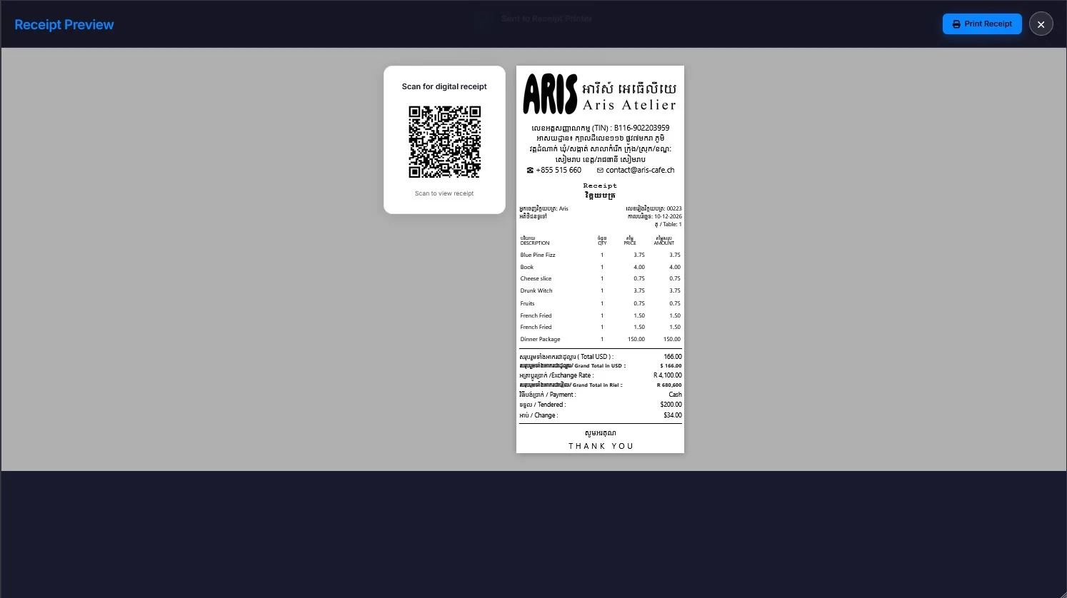 Receipt preview showing the receipt with payment Cash, tendered 200 dollars and change 34 dollars