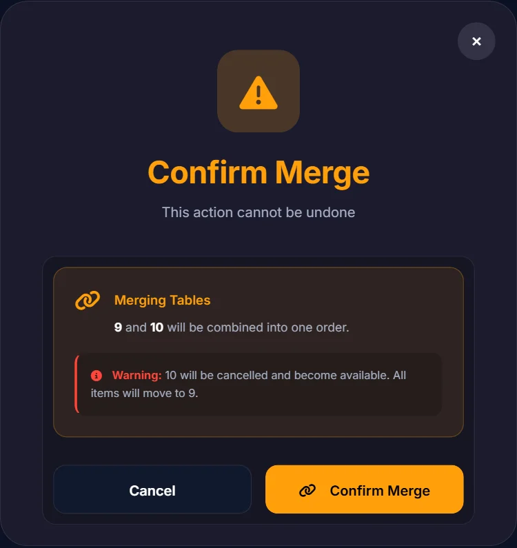 Confirm Merge box saying tables 9 and 10 will be combined into one order, with a warning and a Confirm Merge button
