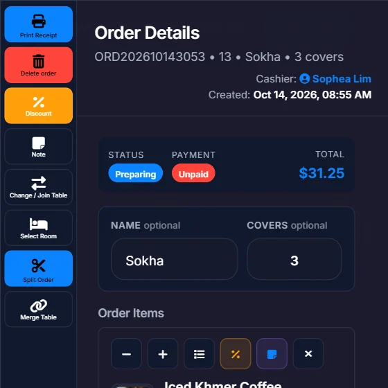Order screen for table 13 with the Change / Join Table button in the left sidebar