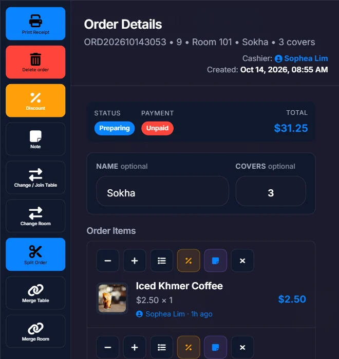 Order header showing table 9 and Room 101, with Change Room and Merge Room buttons in the sidebar