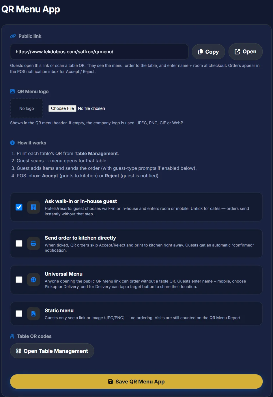 QR Menu App settings with the public link and the options for guest type, kitchen, Universal Menu and static menu