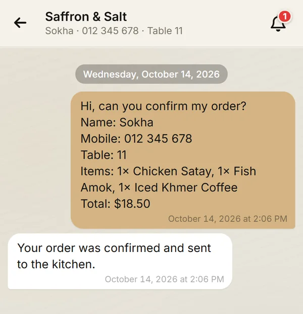 Guest chat showing the message Your order was confirmed and sent to the kitchen