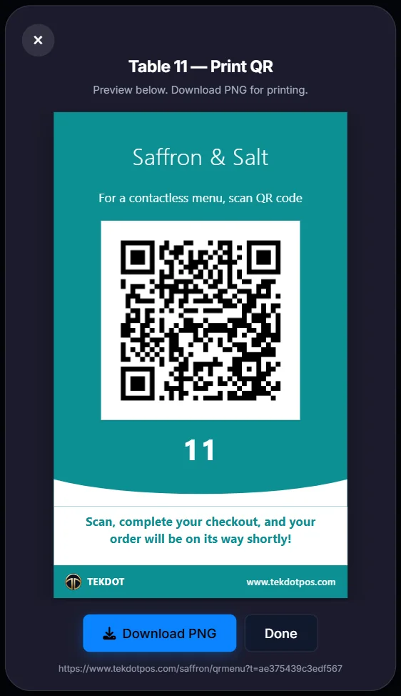 Print QR card for table 11 with the restaurant name, QR code and table number, and a Download PNG button