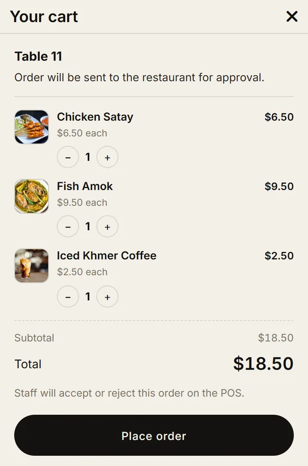 Your cart screen showing Table 11, three dishes with quantity buttons, the total and a Place order button