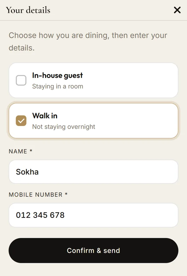 Your details screen with In-house guest and Walk in choices, name and mobile number fields and a Confirm and send button