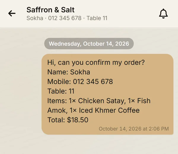 Chat screen on the guest phone with the order summary: name, mobile, table 11, items and total
