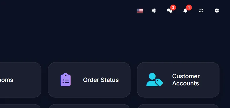 Top right of the POS home screen with the notification bell showing 1 and the guest chat icon