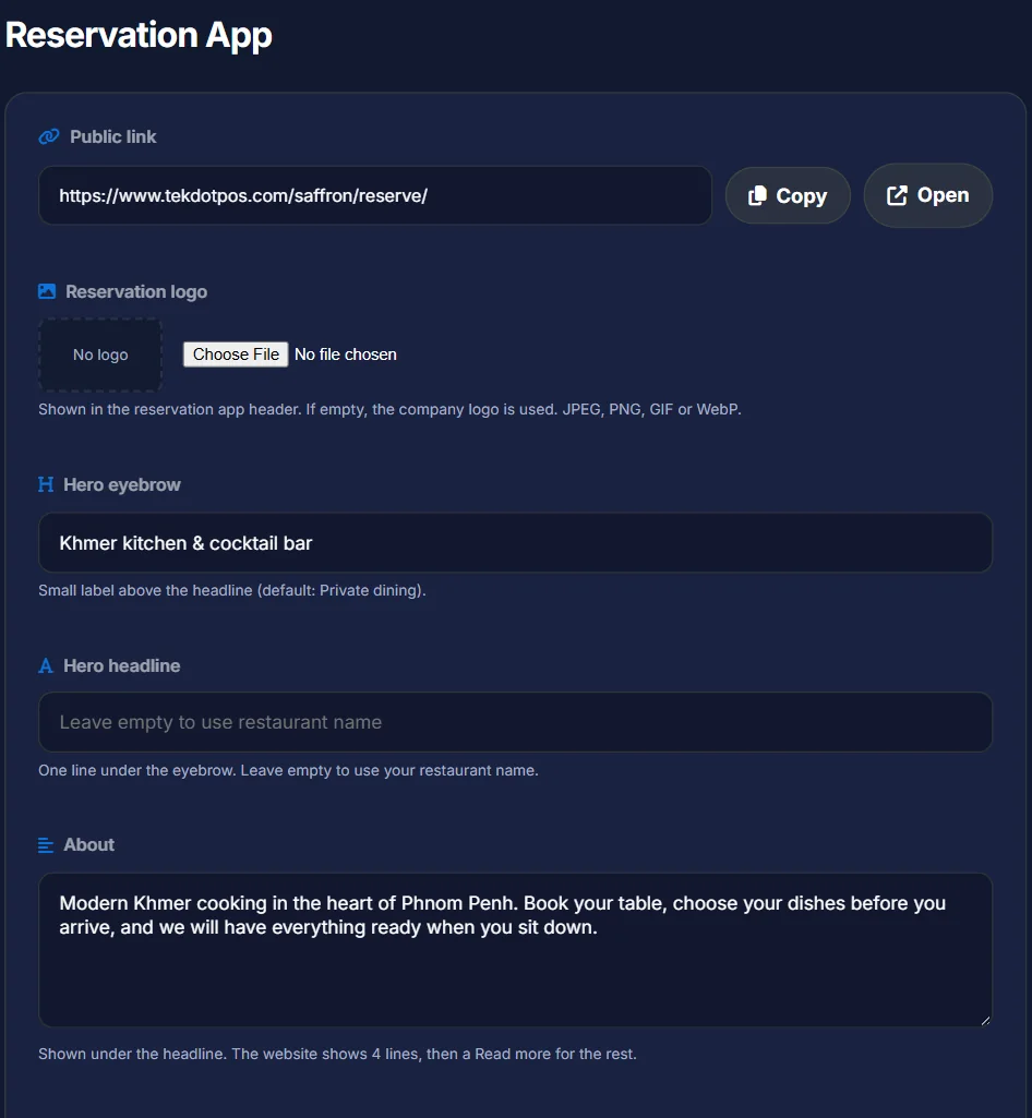 Reservation App settings with the public link, logo, hero eyebrow, hero headline and About text
