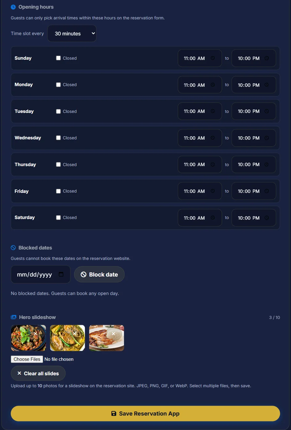 Opening hours for each day, time slot interval, blocked dates, hero slideshow photos and the Save Reservation App button
