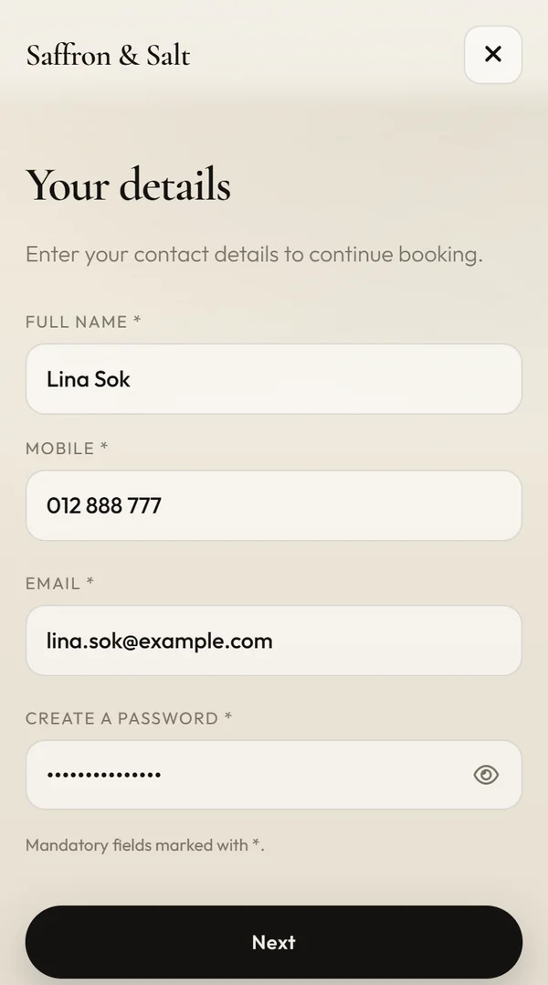 Your details form with full name, mobile, email and password filled in and a Next button