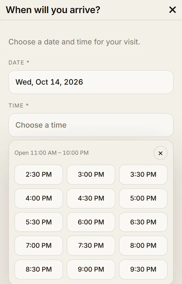 Time picker showing the opening hours and buttons for every half hour, with 7:00 PM marked