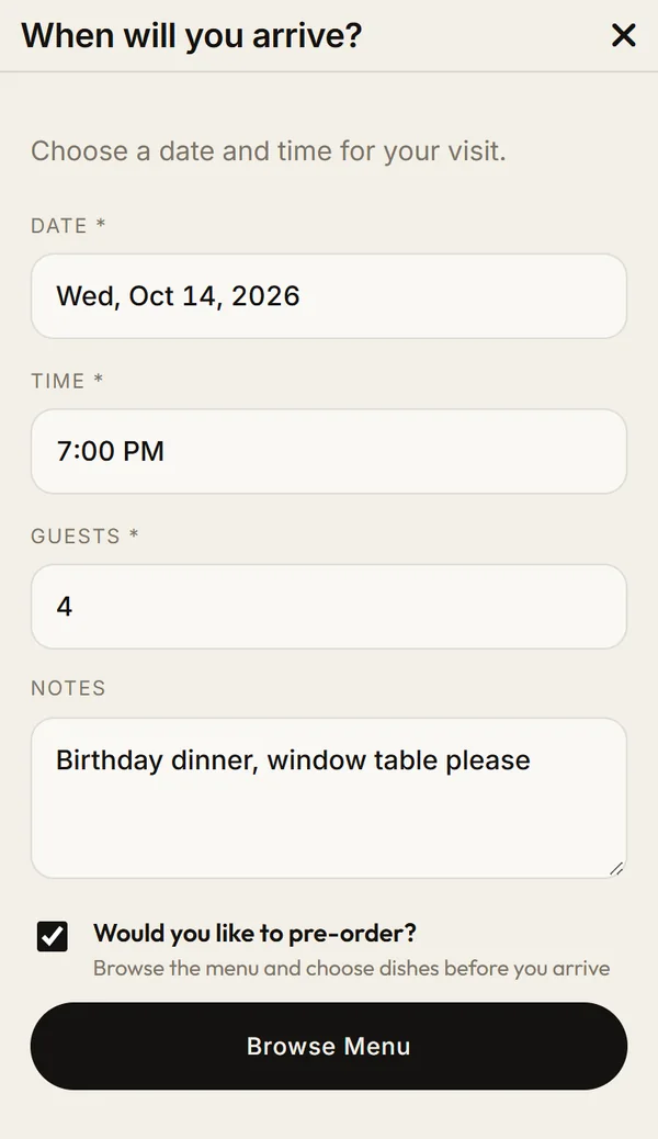 When will you arrive form with date, 7:00 PM, 4 guests, a birthday note, the pre-order box ticked and a Browse Menu button