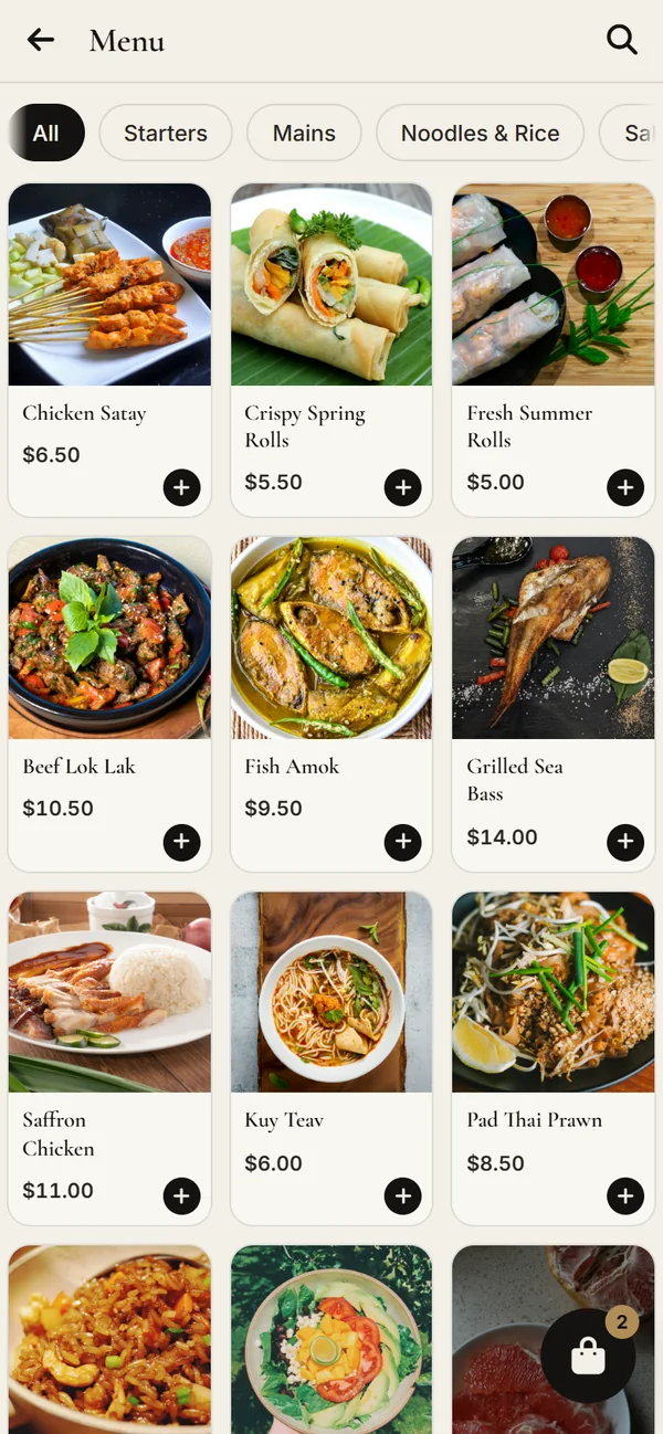 Menu with dish photos and plus buttons and the cart button showing 2 items