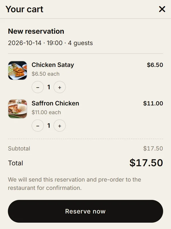 Cart for the new reservation on 14 October at 19:00 for 4 guests with two pre-ordered dishes and a Reserve now button