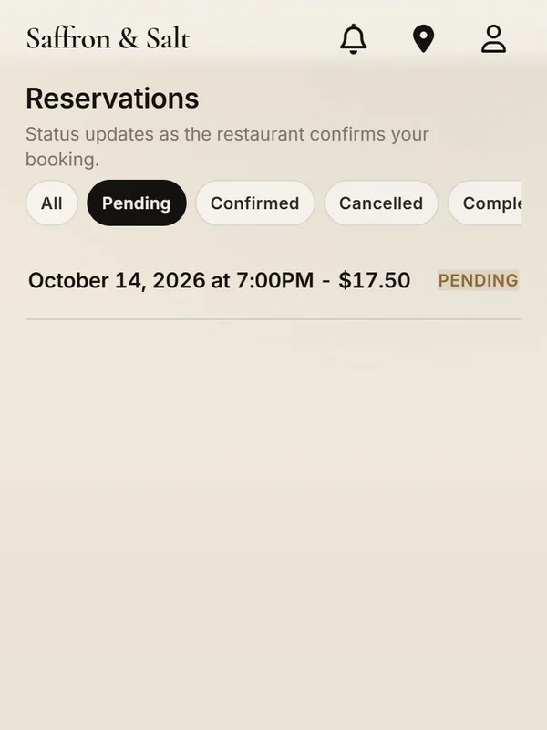Guest reservations list with the booking for October 14 at 7:00 PM marked Pending