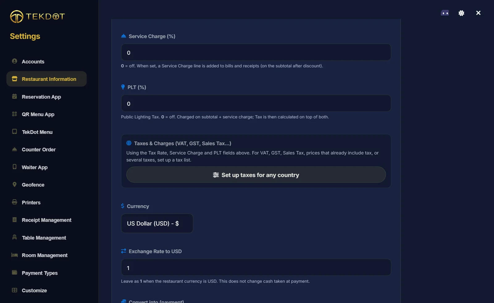 Settings, Restaurant Information page with the Taxes and Charges card and a button Set up taxes for any country