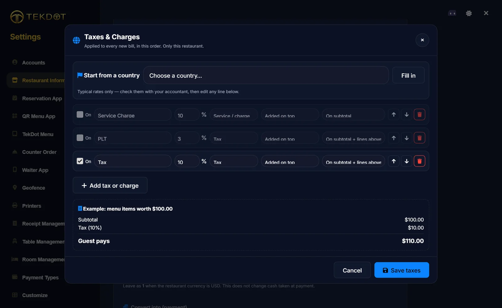 Taxes and Charges window with a country picker, three tax lines, an example bill and a Save taxes button