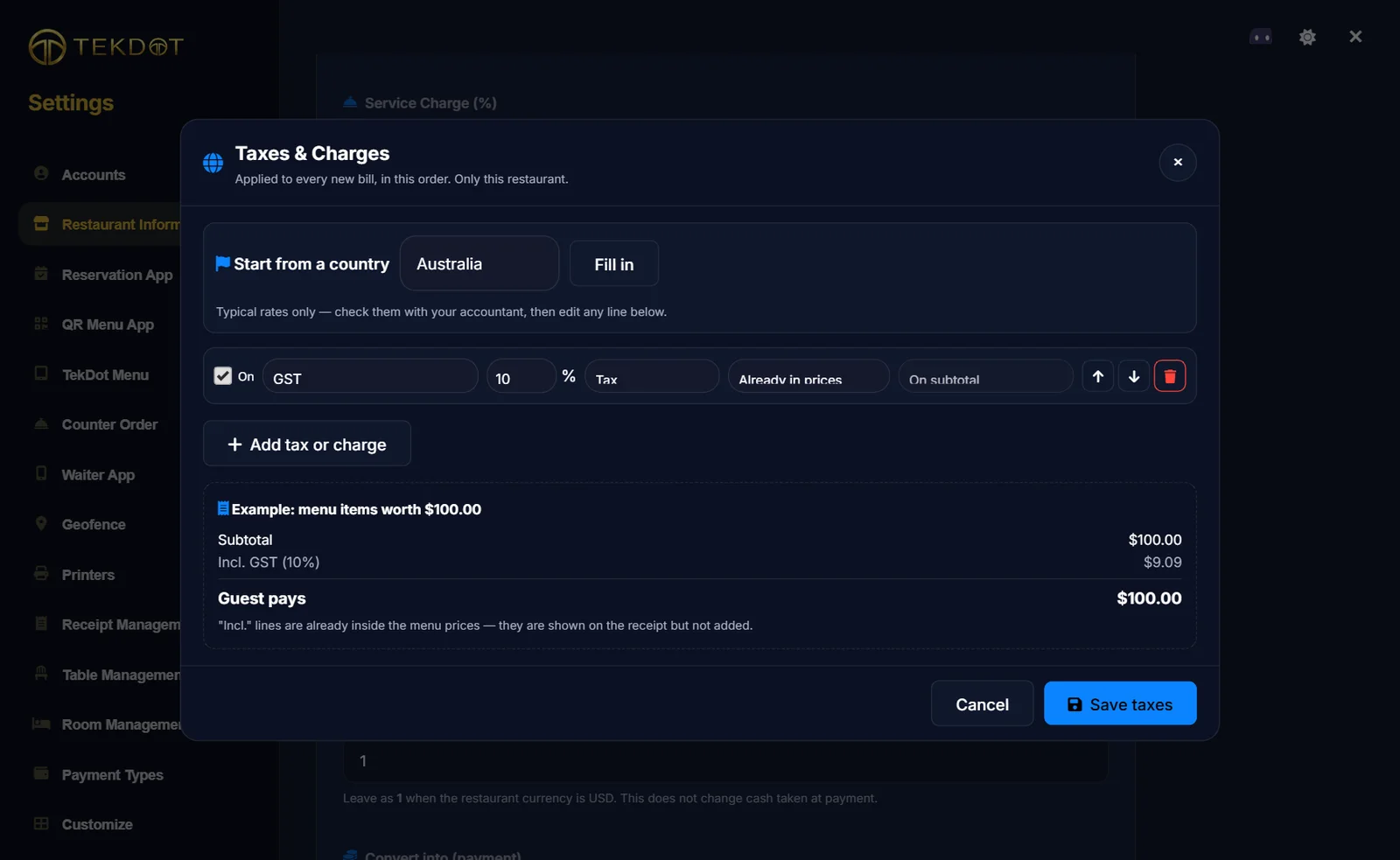 Australia chosen: GST 10 percent set to Already in prices, example shows Incl. GST 9.09 and guest pays 100.00