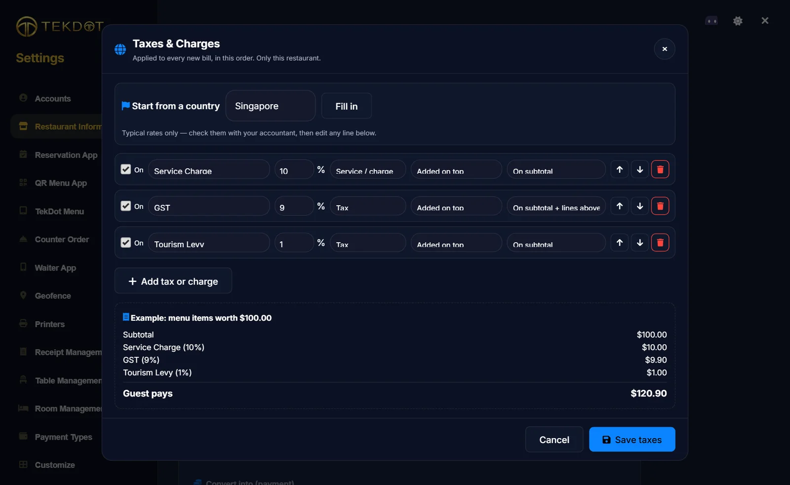 Tax lines with columns: on, name, percent, tax or service, added on top or already in prices, on subtotal or on subtotal plus lines above, move and delete buttons