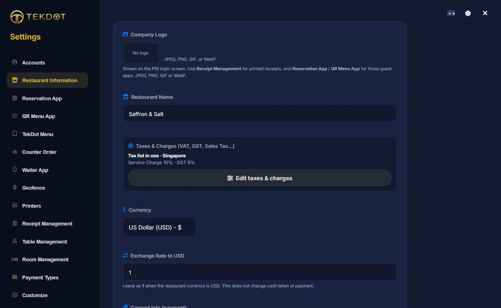 Restaurant Information page showing Tax list in use Singapore, Service Charge 10 percent and GST 9 percent, with an Edit taxes and charges button