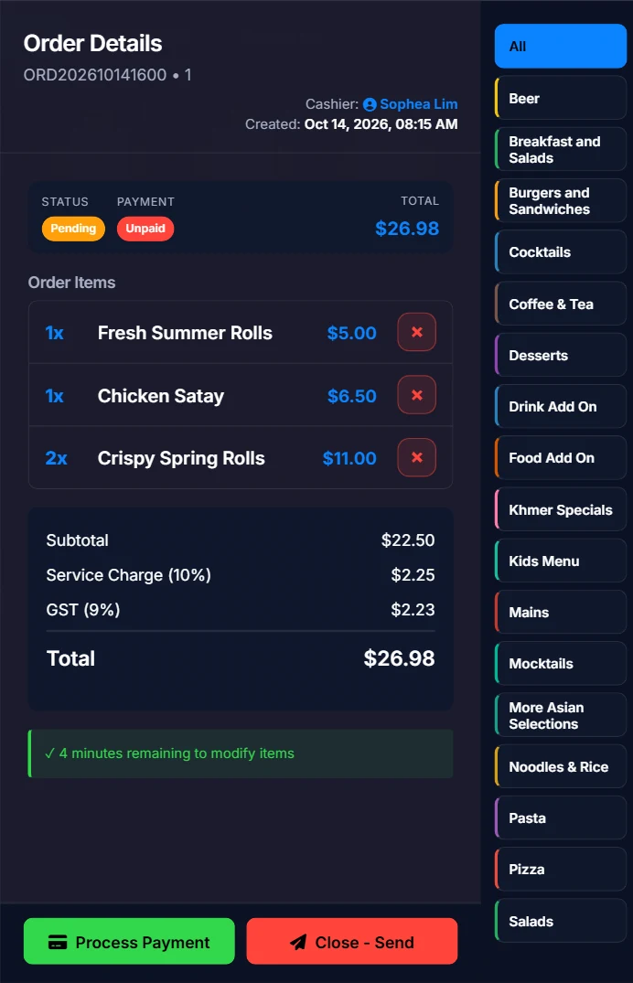 Order Details showing Subtotal 22.50, Service Charge 10 percent 2.25, GST 9 percent 2.23 and Total 26.98