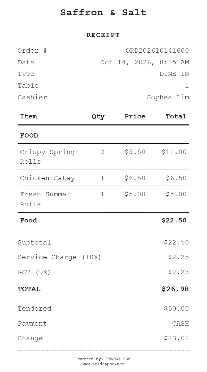 Printed receipt showing Subtotal 22.50, Service Charge 10 percent 2.25, GST 9 percent 2.23 and Total 26.98