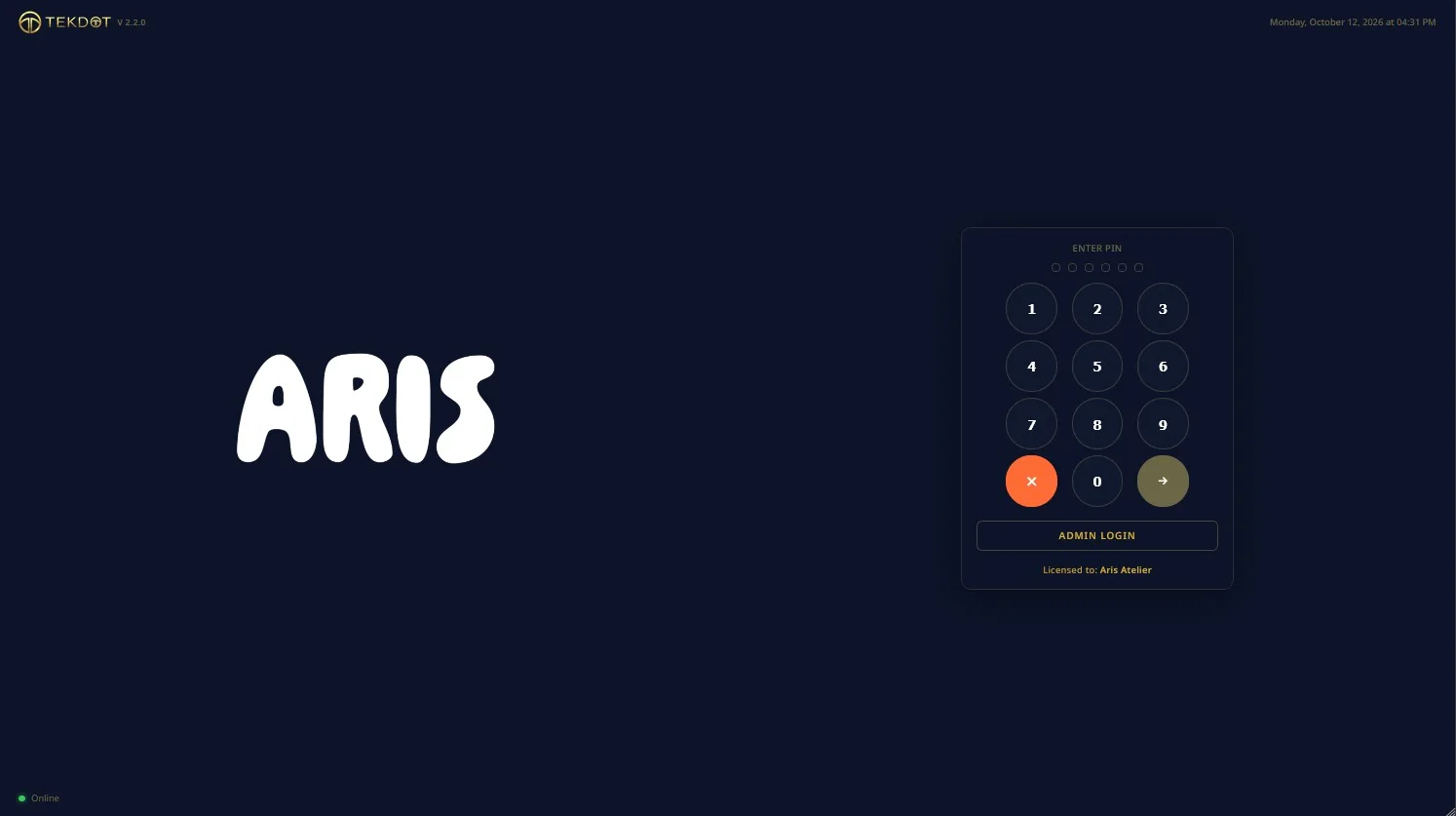 TekDot POS login screen with the restaurant logo and a PIN keypad