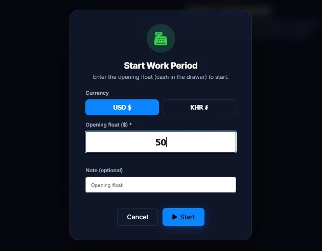 Start Work Period box with currency buttons, opening float of 50 dollars and a Start button