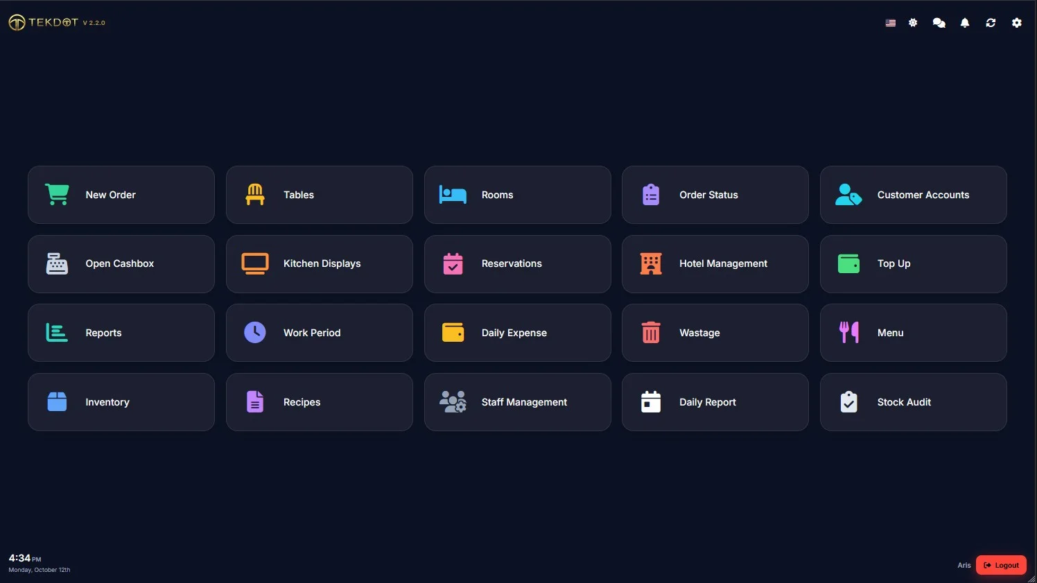 TekDot POS home screen with buttons such as New Order, Tables, Reports and Work Period