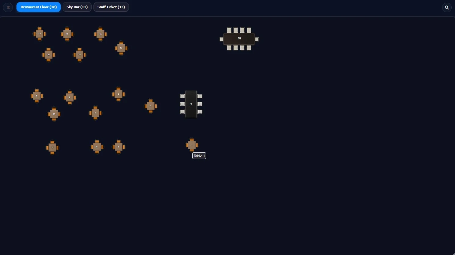 Floor plan with tables numbered 1 to 18 and area tabs at the top