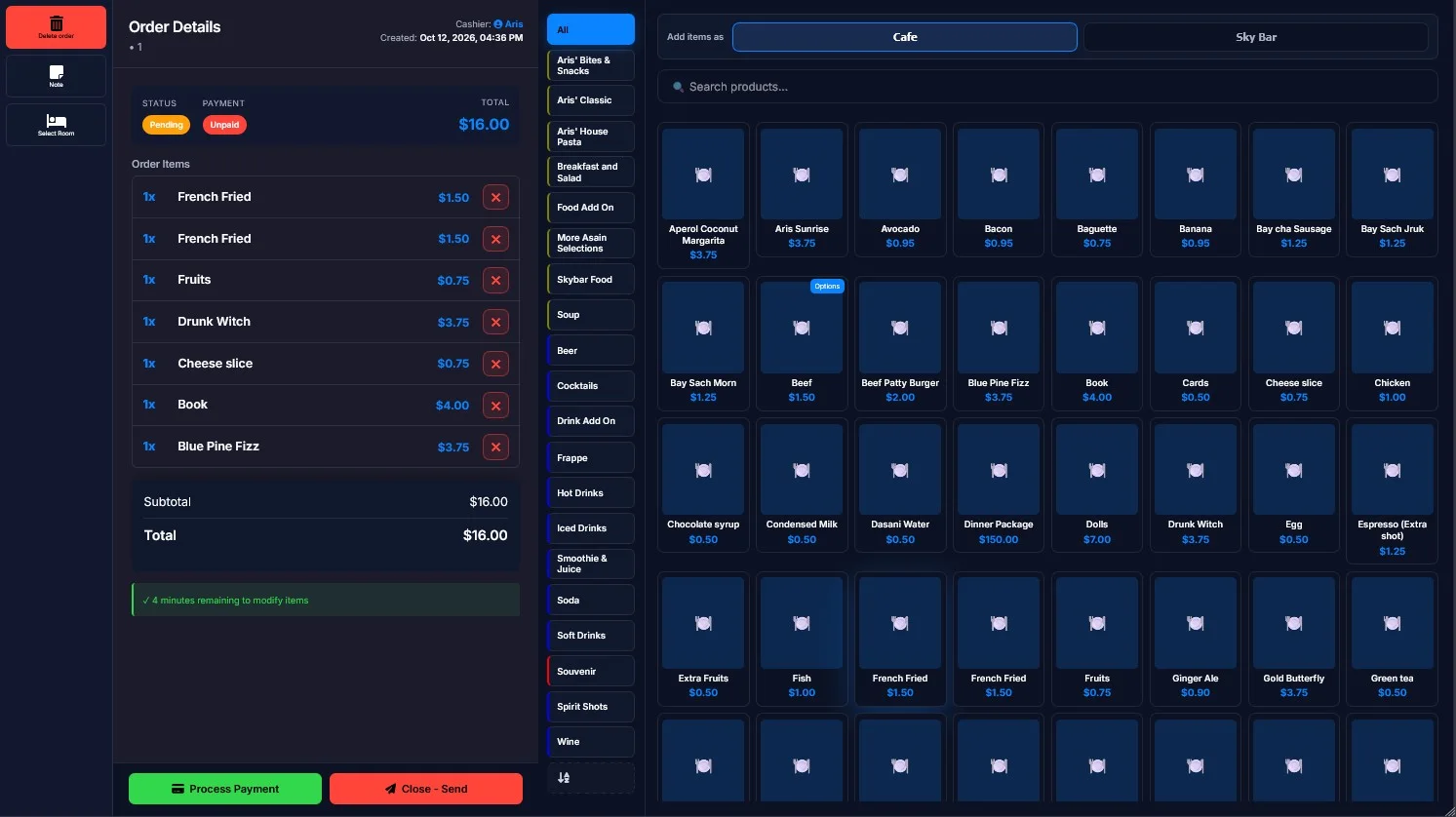 Order screen with order items on the left, categories and products on the right, and Close Send button