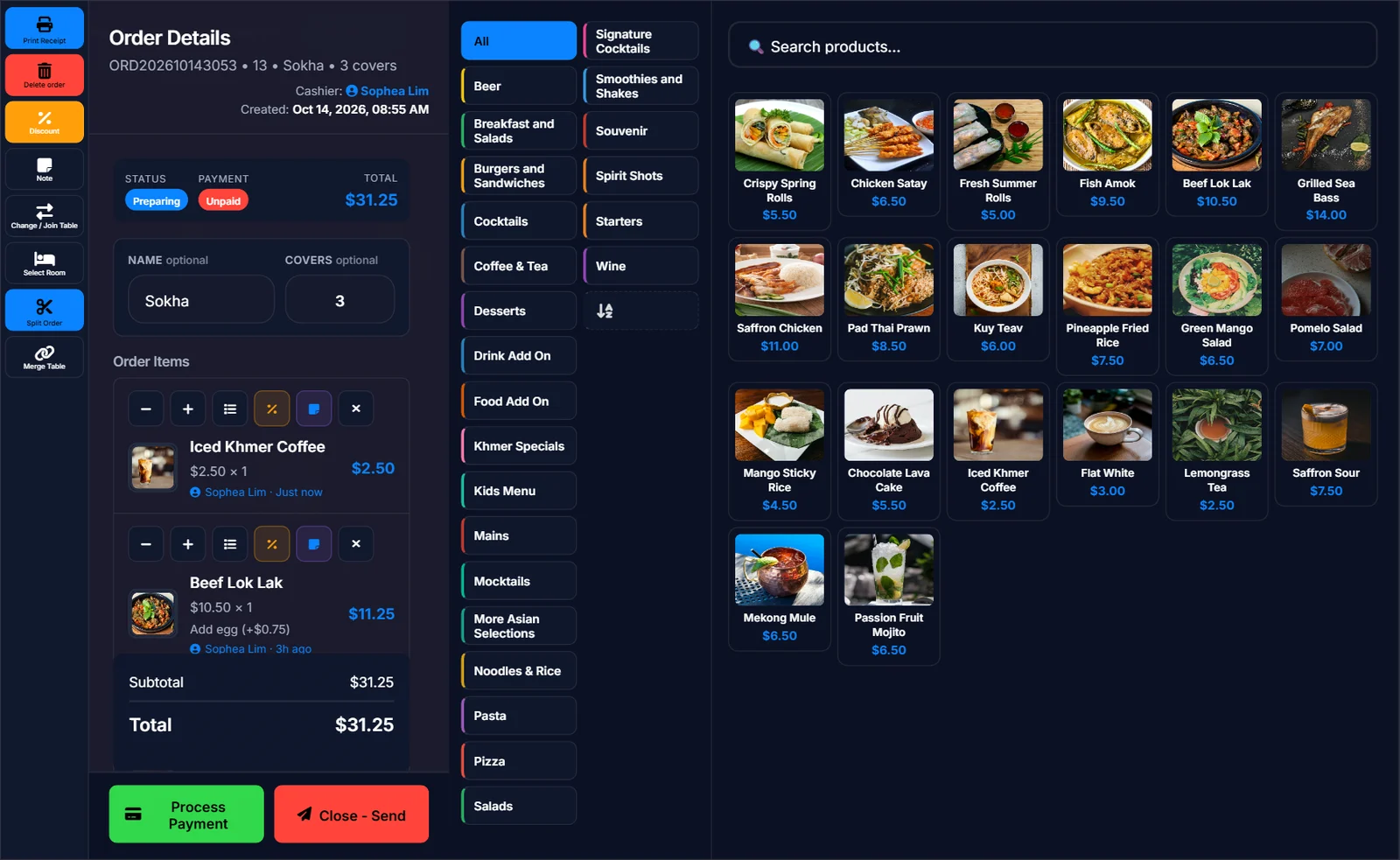 Order screen for table 13 with status Preparing, a new Iced Khmer Coffee on top of the items already sent, and the Close Send button