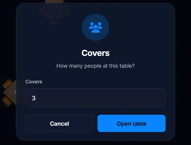 Covers box asking how many people are at the table, with 3 typed in and an Open table button