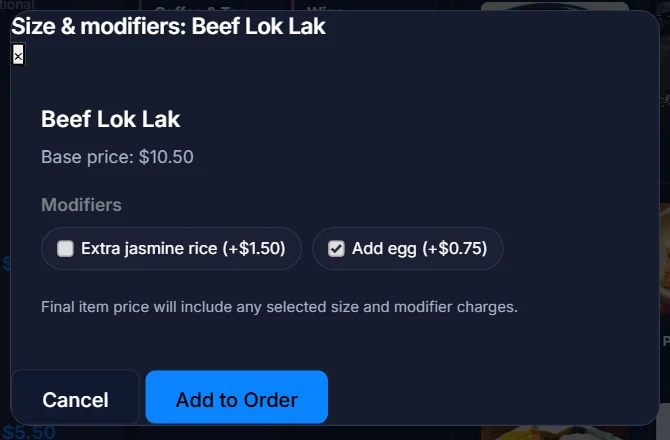 Size and modifiers box for Beef Lok Lak with Extra jasmine rice and Add egg, Add egg ticked