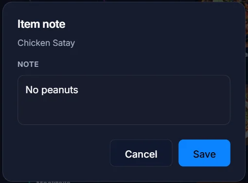 Item note box for Chicken Satay with the note No peanuts and a Save button