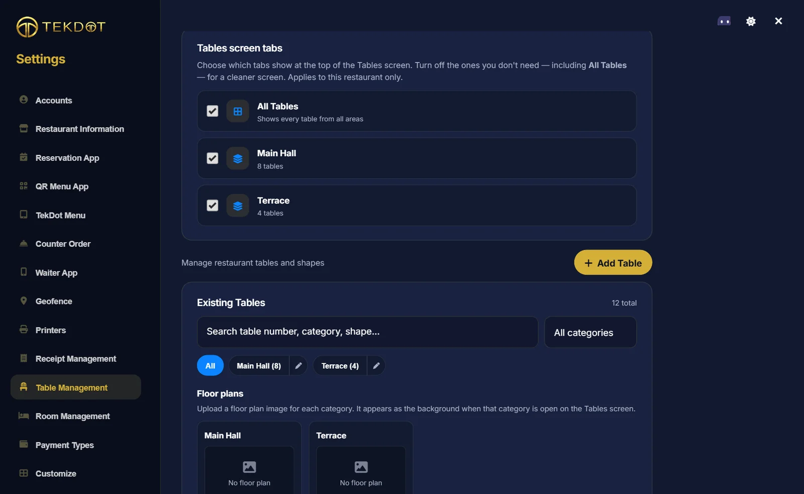 Settings, Table Management page with the Add Table button and the list of existing tables